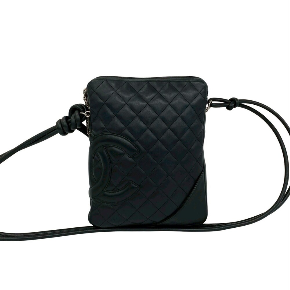 CHANEL Vintage Black Leather Logo Shoulder Bag